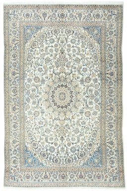 Full view of 2000s Nain rug from Iran / Persia, 328 × 213 cm in Beige tones