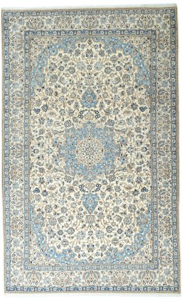 Full view of 2000s Nain rug from Iran / Persia, 364 × 226 cm in Beige tones