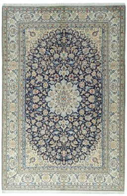 Full view of 1970s Nain rug from Iran / Persia, 301 × 201 cm in Blue tones