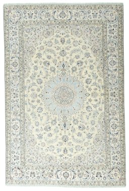 Full view of 2000s Nain rug from Iran / Persia, 294 × 194 cm in Beige tones