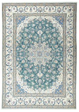 Full view of 2000s Nain rug from Iran / Persia, 420 × 297 cm in Green tones