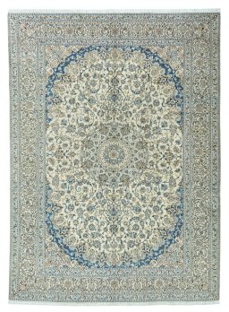 Full view of 2000s Nain rug from Iran / Persia, 403 × 295 cm in Beige tones