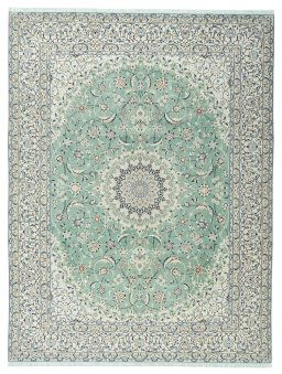 Full view of 2000s Nain rug from Iran / Persia, 395 × 300 cm in Green tones