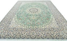 Surface texture of 2000s Nain rug with natural Wool and intricate pattern