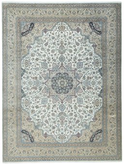 Full view of 2000s Nain rug from Iran / Persia, 419 × 317 cm in Beige tones