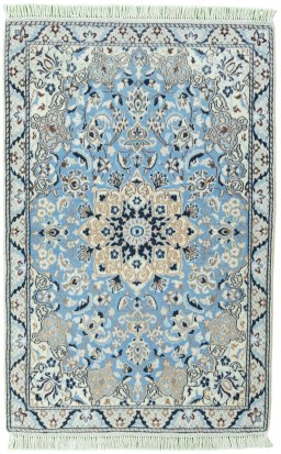 Full view of 2000s Nain rug from Iran / Persia, 136 × 88 cm in Blue tones