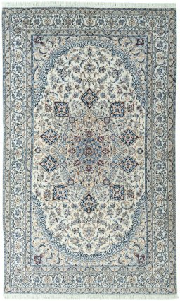 Full view of New Nain rug from Iran / Persia, 335 × 203 cm in Beige tones