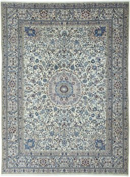 Full view of New Nain rug from Iran / Persia, 391 × 292 cm in Beige tones