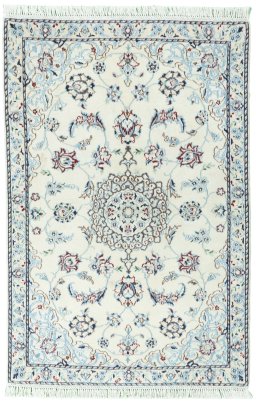 Full view of 2000s Nain rug from Iran / Persia, 136 × 91 cm in Beige tones