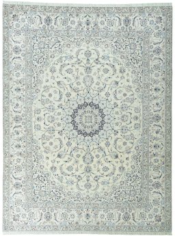Full view of New Nain rug from Iran / Persia, 400 × 302 cm in Beige tones