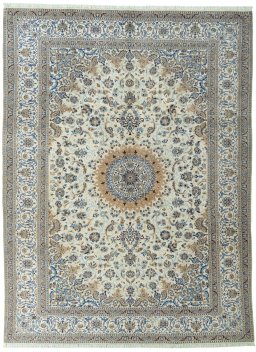 Full view of 2000s Nain rug from Iran / Persia, 390 × 293 cm in Beige tones