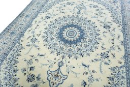 Backside of handmade New Nain rug showing knot structure and weave density