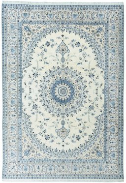 Full view of New Nain rug from Iran / Persia, 347 × 242 cm in Beige tones