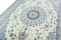 Backside of handmade New Nain rug showing knot structure and weave density