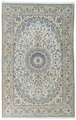 Full view of 2000s Nain rug from Iran / Persia, 315 × 202 cm in Beige tones