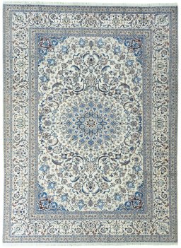 Full view of 2000s Nain rug from Iran / Persia, 393 × 290 cm in Beige tones
