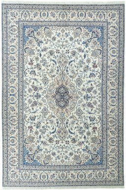 Full view of New Nain rug from Iran / Persia, 378 × 255 cm in Beige tones
