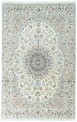 Full view of New Nain rug from Iran / Persia, 242 × 155 cm in Beige tones