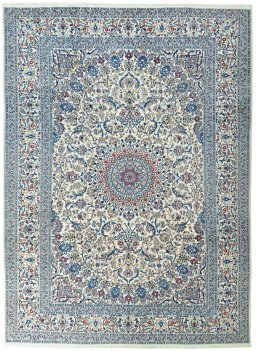 Full view of New Nain rug from Iran / Persia, 407 × 297 cm in Beige tones