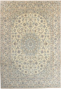 Full view of 1990s Nain rug from Iran / Persia, 375 × 255 cm in Cream tones