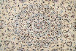Full view of 1990s Nain rug from Iran / Persia, 375 × 255 cm in Cream tones