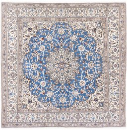 Full view of 1985s Nain rug from Iran / Persia, 200 × 195 cm in Blue tones