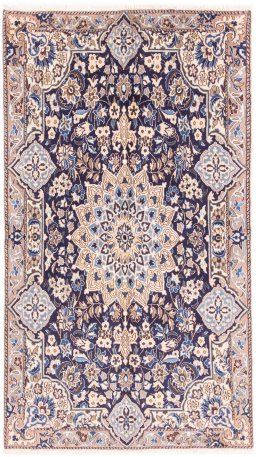 Full view of 1988s Nain rug from Iran / Persia, 200 × 113 cm in Dark blue tones