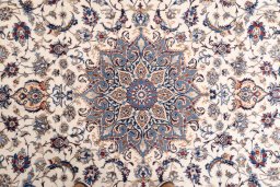 Full view of 1988s Nain rug from Iran / Persia, 332 × 220 cm in Cream tones