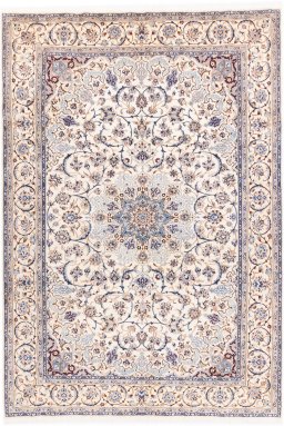 Full view of 1987s Nain rug from Iran / Persia, 310 × 213 cm in Cream tones