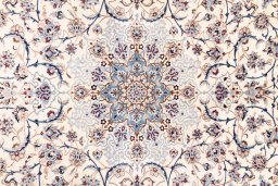 Full view of 1987s Nain rug from Iran / Persia, 310 × 213 cm in Cream tones