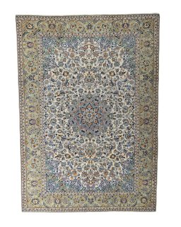 Full view of 2000s Najafabad rug from Iran / Persia, 382 × 272 cm in Beige tones