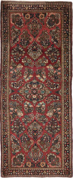 Full view of 1950s Sarough rug from Iran / Persia, 195 × 80 cm in Red tones