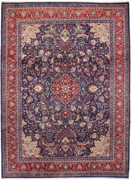Full view of 1990s Sarough rug from Iran / Persia, 351 × 262 cm in Dark blue tones