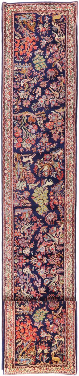 Full view of 1960s Sarough rug from Iran / Persia, 564 × 80 cm in Dark blue tones