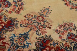 Backside of handmade 1950s Sarough rug showing knot structure and weave density