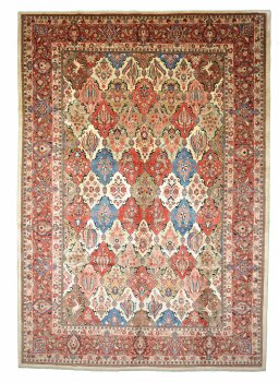 Full view of 2000s Sarough rug from Iran / Persia, 382 × 267 cm in Multi Color tones