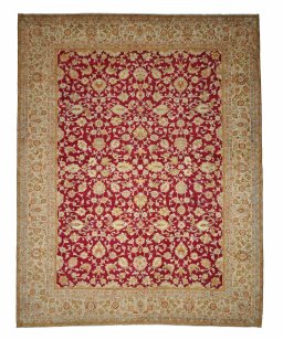 Full view of 1950s Sarough rug from Iran / Persia, 405 × 316 cm in Red tones