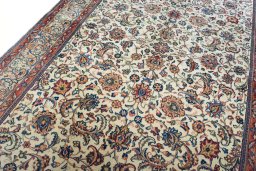 Backside of handmade 2000s Sarough rug showing knot structure and weave density