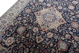 Backside of handmade 2000s Sarough rug showing knot structure and weave density