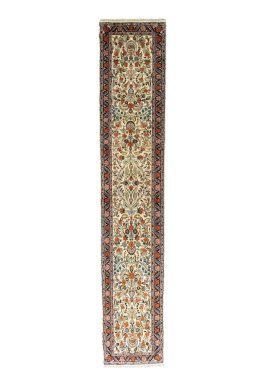 Full view of New Sarough rug from Iran / Persia, 339 × 64 cm in Beige tones