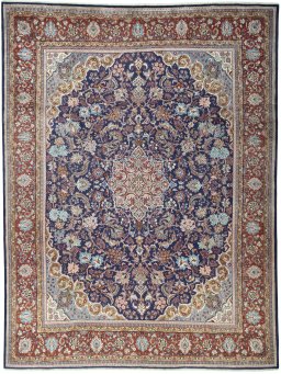 Full view of 1970s Sarough rug from Iran / Persia, 431 × 327 cm in Blue tones