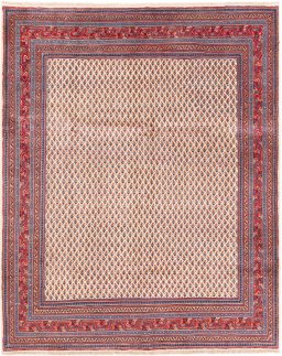 Full view of 1975s Sarough rug from Iran / Persia, 270 × 217 cm in Cream tones