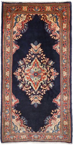 Full view of 1990s Sarough rug from Iran / Persia, 124 × 64 cm in Blue tones