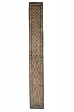 Full view of 1970s Sarough Mir rug from Iran / Persia, 616 × 87 cm in Beige tones