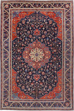 Full view of 1900s Tabriz rug from Iran / Persia, 437 × 293 cm in Dark blue tones