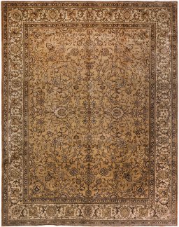 Full view of 1950s Tabriz rug from Iran / Persia, 377 × 295 cm in Brown tones