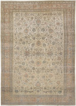 Full view of 1900s Tabriz rug from Iran / Persia, 418 × 300 cm in Cream tones