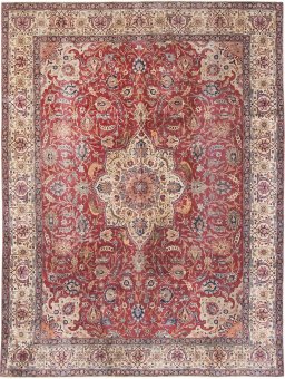 Full view of 1920s Tabriz rug from Iran / Persia, 384 × 284 cm in Red tones