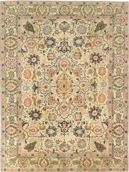 Full view of 1900s Tabriz rug from Iran / Persia, 385 × 290 cm in Cream tones