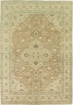 Full view of 1900s Tabriz rug from Iran / Persia, 400 × 280 cm in Brown tones